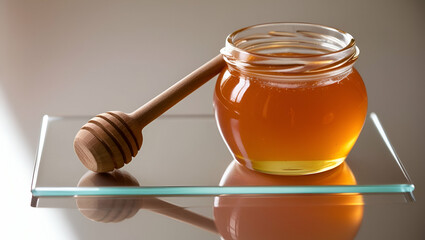 Golden honey jar with wooden dipper isolated on transparent background, Generative Ai.
