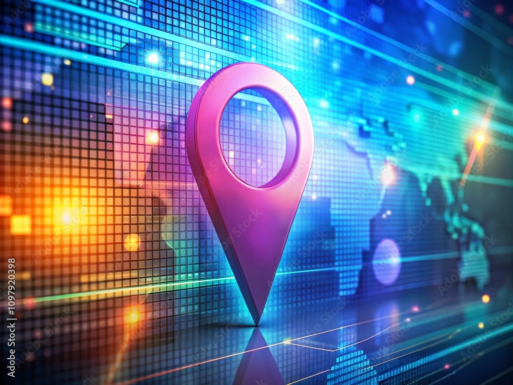 Poster mapping glyph symbol representing navigation and location on digital background with copy space for 