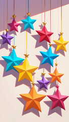 Obraz premium Hanging decorative stars, festive mood, colorful holiday decor, vibrant design 
