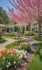 Obraz premium a beautifully landscaped garden. In the foreground, there is a curved pathway made of stone that winds through the garden. On either side of the pathway, there are well-maintained flower beds filled 