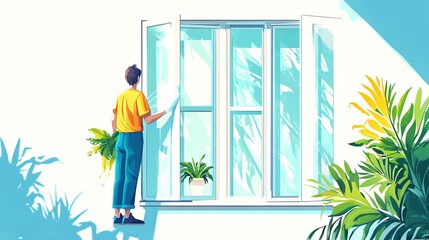 a 2D cartoon illustration of a person washing windows, clean and bright, white background--ar 16:9