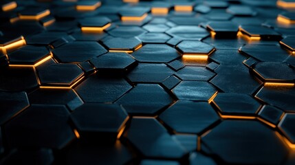 Obraz premium A close-up view of a hexagonal patterned surface with glowing edges, creating a futuristic aesthetic.