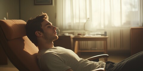 Fototapeta premium Sad Young Man Resting in Recliner Chair, Sunlit Room