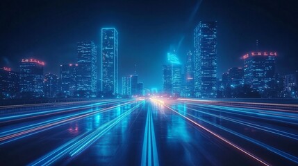 Obraz premium tron legacy, blue neon light ambience city, long wide road, wide perspective angle
