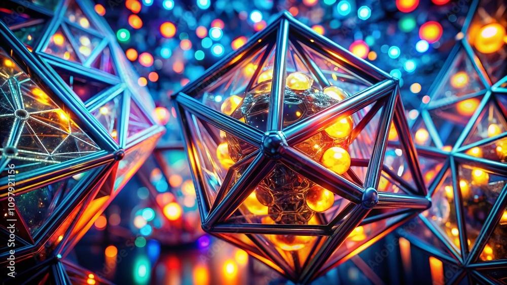 Poster mesmerizing futuristic abstract geometric light display with high depth of field, showcasing vibrant