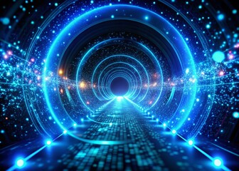Obraz premium Mesmerizing Drone Photography of a Digital Tunnel Filled with Looping Blue Neon Particles, Capturing the Essence of Futuristic Technology and Visual Artistry in Motion