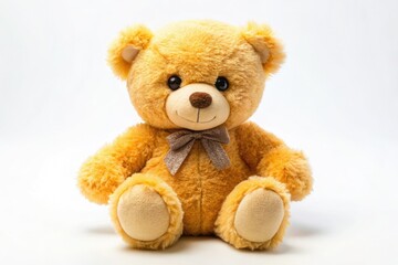 Fototapeta premium Adorable Plush Bear on White Background - Perfect for Children's Decor, Gifts, and Toy Photography, Capturing Softness and Cuteness in Panoramic View, Ideal for Stock Images