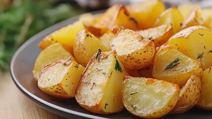 Crispy Roasted Potatoes on a Dark Plate