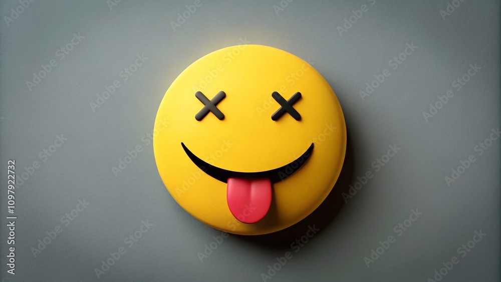 Poster minimalist dead smile emoticon with tongue expression in flat and colored style for web design use, 