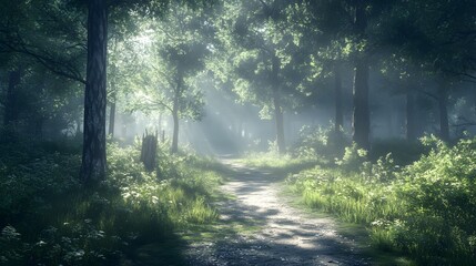 Obraz premium Sunlight streams through a misty forest path, creating a serene atmosphere.