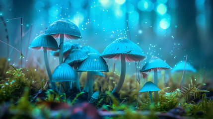 Fototapeta premium Enchanted Forest Scene Featuring Bright Blue Mushrooms with Glowing Effects and a Dreamy Background of Soft Focus Light Spotting