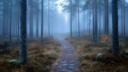 Obraz premium Moody forest path surrounded by mist and autumn foliage.