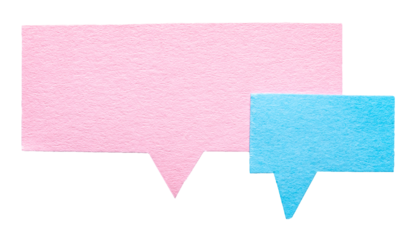 Pink blue blank cut out cardboard paper speech bubbles with copy space for text on transparent background design element