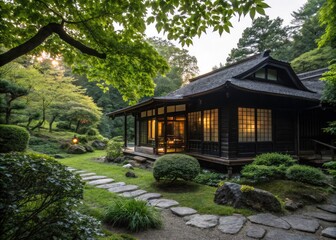 Serene Japanese Inspired Home Silhouette Amidst Lush Greenery and Tranquil Garden, Inviting Relaxation and Contemplation in Peaceful Atmosphere