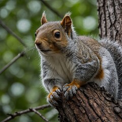 Obraz premium A curious squirrel perched on a tree branch, looking toward the viewer.