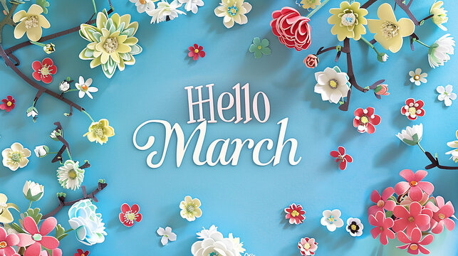 An enchanting display featuring a "Hello March" greeting adorned with an array of delicate and bold flowers on a soothing blue background, capturing the essence of blooming nature and new beginnings.