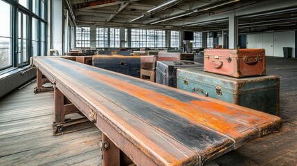 Spacious industrial interior showcasing rustic wooden tables and vintage storage boxes with large windows.