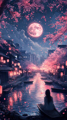 Beautiful sakura-lined river, with wooden boats drifting and lanterns floating in the water under a full moon, anime style, wallpaper