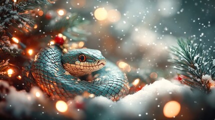 A vibrant snake coiled on a snowy pine branch adorned with glowing Christmas lights and ornaments, surrounded by snowfall.  
