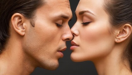 Fototapeta premium a close-up of a man and a woman facing each other with their eyes closed, appearing to be about to kiss. The man is on the left, and the woman is on the right