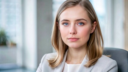 Close-up of a young blonde woman in a business suit waiting for a job interview in a modern office