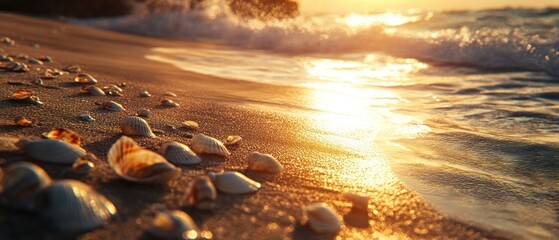 Obraz premium A serene beach scene at sunset with seashells scattered on the wet sand.