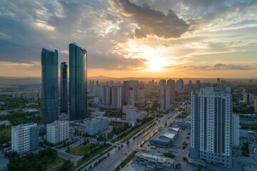 Astana Cityscape: Aerial View of Skyscrapers and Baiterek Tower in Kazakhstan Landscape