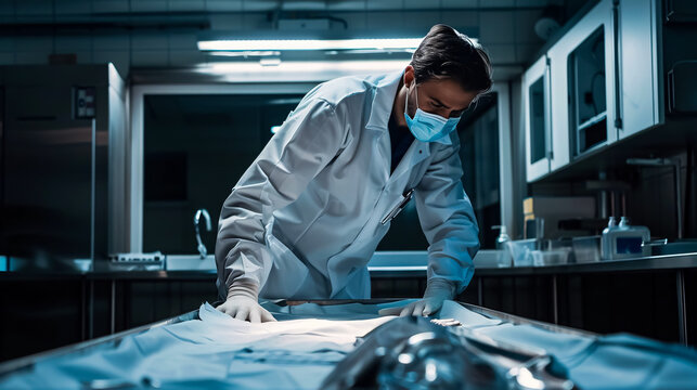 Police coroner examining dead body corpse in morgue.