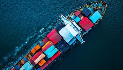 Fototapeta premium Aerial view of a cargo ship loaded with colorful containers navigating through water.
