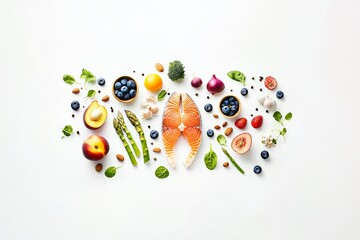 Top view of healthy food, fish and meat, vegetables and fruits on white background, top view, on the table is placed some fresh fruit like blueberries, strawberries, peaches.