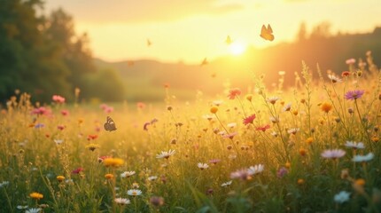 Naklejka premium Golden Sunrise Over a Peaceful Meadow