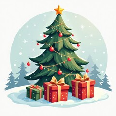 Obraz premium christmas tree with gifts isolated on white background in 2D art style