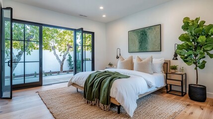 Fototapeta premium wide ange view of a modern, cozy bedroom with a minimalist design, featuring a large bed with white linens and a greenish beige throw blanket. generative ai