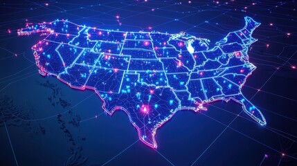 Fototapeta premium A digital map of the United States illuminated with glowing blue and pink network lines, representing connectivity and technology.
