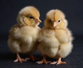 Fototapeta premium two fluffy yellow chicks standing side by side against a dark background. They have soft, downy feathers and small orange beaks. Their tiny feet are visible, and they appear to be looking in slightly 