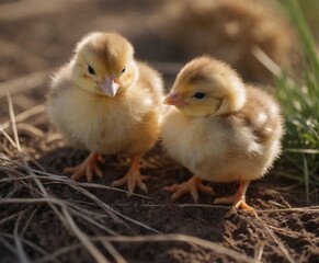  two fluffy, yellow chicks standing close together on the ground. They have soft, downy feathers and small, orange beaks and feet. The ground is covered with dry grass and dirt, and there is a soft