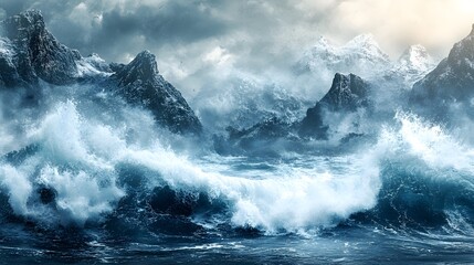 Obraz premium A dramatic seascape with turbulent waves crashing against rocky mountains.