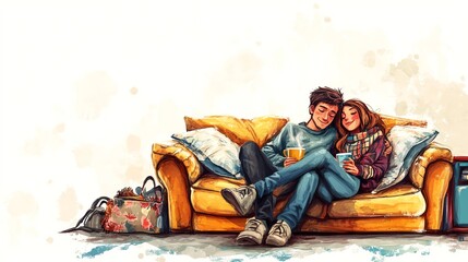 a 2D cartoon illustration of a couple relaxing on a porch swing, peaceful and cozy, white background--ar 16:9