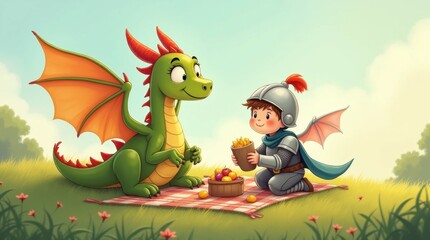 Naklejka premium A Playful Dragon and a Young Knight Sharing a Picnic