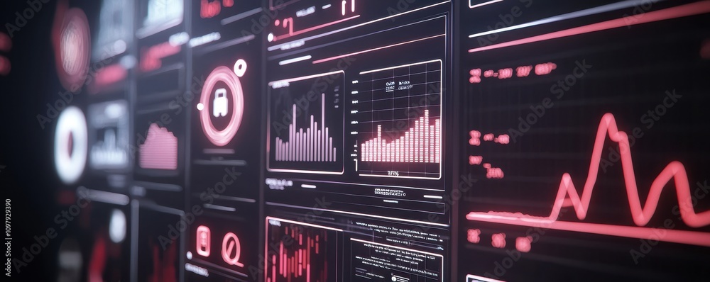 Poster a digital display featuring graphs, metrics, and data visualizations in red and black, emphasizing t