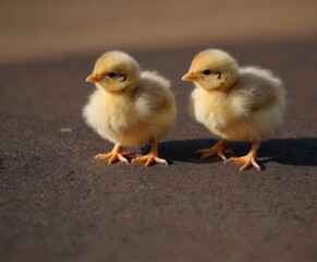 Fototapeta premium two fluffy, yellow chicks standing side by side on a flat surface. They are small and appear to be very young, with soft downy feathers. The lighting suggests 