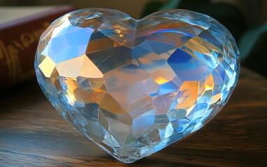 Beautifully crafted crystal heart sculpture showcasing intricate facets that reflect light, creating a stunning display of colors, ideal for home decor and gift ideas.