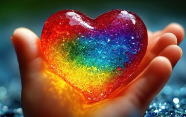 Hand Holding a Colorful Heart-Shaped Crystal Gemstone with Rainbow Colors Sparkling in Light, Symbolizing Love, Joy, and LGBTQ Pride Celebrations