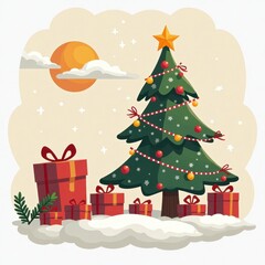 Obraz premium christmas tree with gifts isolated on white background in 2D art style