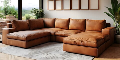 Modern Chic Living Room with Brown Corner Sofa and Wooden Frames Mockup