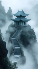 Ancient Japanese temple on a misty mountain, with tall stone steps leading up and clouds drifting around, anime style, wallpaper