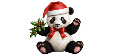 A panda bear wearing a red and white Santa hat and scarf. 