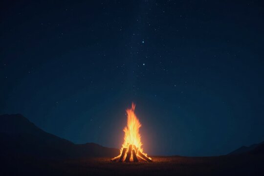 Campfire with high flames illuminating the night sky filled with stars