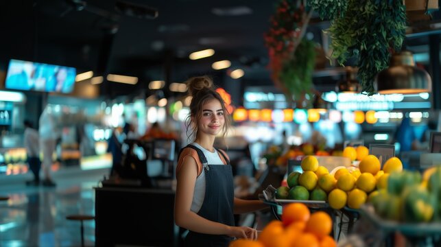 Smiling Young Woman in Apron Standing in a Bright Grocery Store Filled with Fresh Fruits - Powered by Adobe