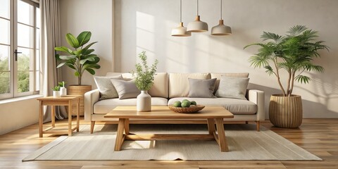 Minimalist Japandi Living Room Decor: Natural Wood Coffee Table, Beige Sofa, Modern Interior Design Elements for Stylish Home Aesthetic